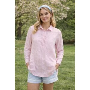 J McLaughlin Linen Blouse Womens Small Pink Striped Preppy Minimalist Spring